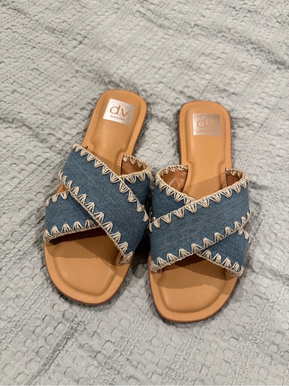 DV by Dolce Vita Denim Crisscross Slide Sandals with Tan Insole
